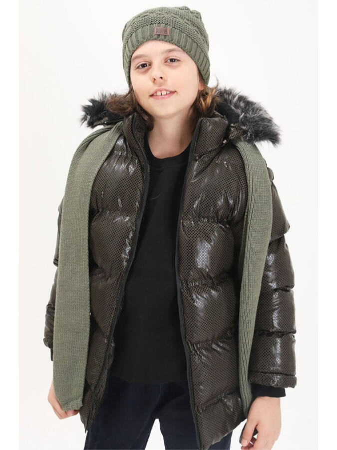 Boys' Hexagon Patterned Green Puffer Jacket 15589 - 6