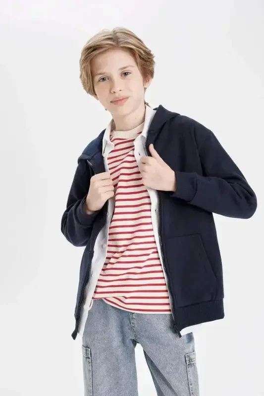 Boys' Hooded Navy Blue Zippered School Jacket X7382a624au - 4