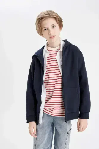 Boys' Hooded Navy Blue Zippered School Jacket X7382a624au - 5