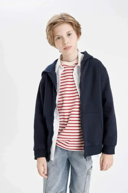 Boys' Hooded Navy Blue Zippered School Jacket X7382a624au - 5