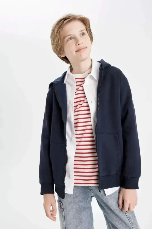 Boys' Hooded Navy Blue Zippered School Jacket X7382a624au - 6