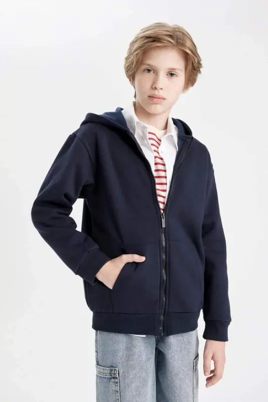 Boys' Hooded Navy Blue Zippered School Jacket X7382a624au - 7