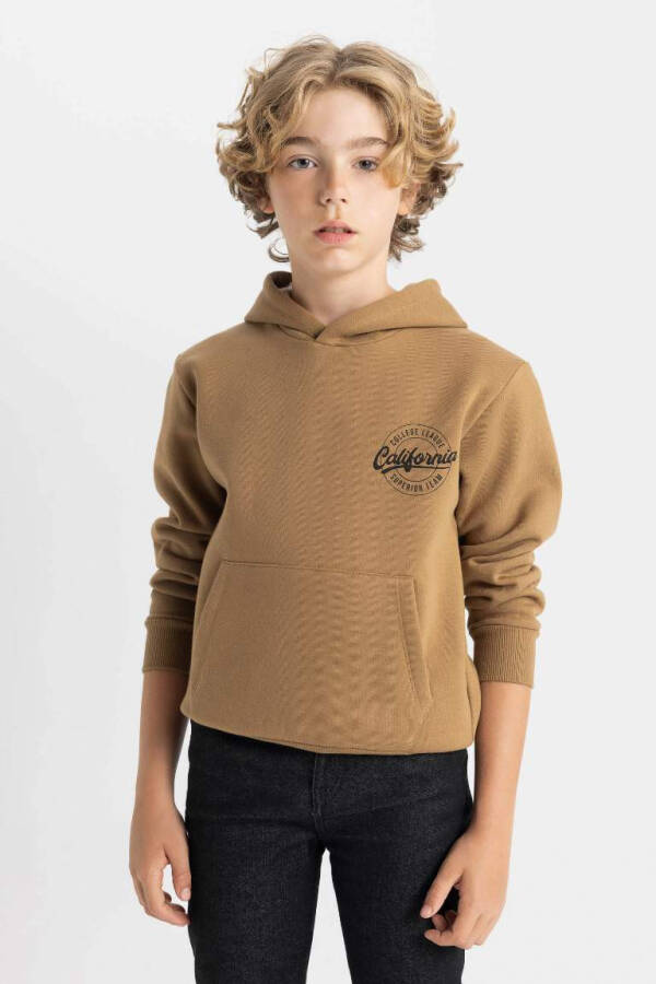 Boys' Hooded Pocket Script Print Sweatshirt Thickened School Sweatshirt Coffee - 1