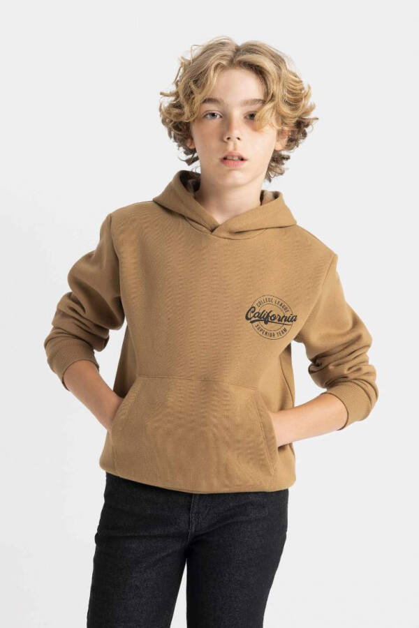 Boys' Hooded Pocket Script Print Sweatshirt Thickened School Sweatshirt Coffee - 4