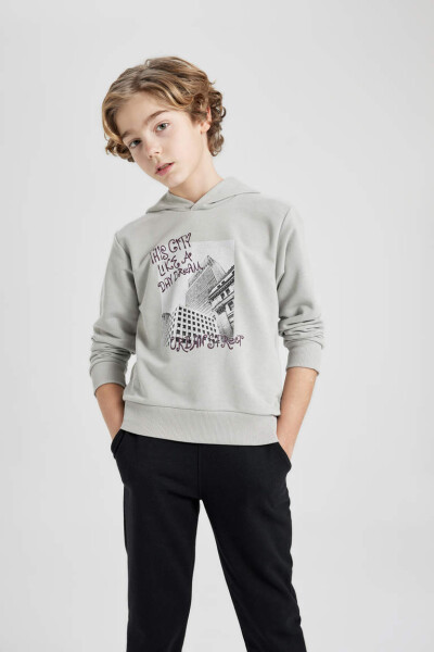 Boys' Hooded Printed Sweatshirt and Jogger Pants 2 Piece Set Light Grey - 4