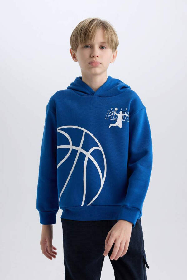 Boys' Hooded Sports Printed Thick Sweatshirt Dark Blue - 1