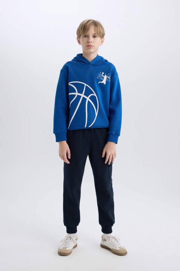 Boys' Hooded Sports Printed Thick Sweatshirt Dark Blue - 2