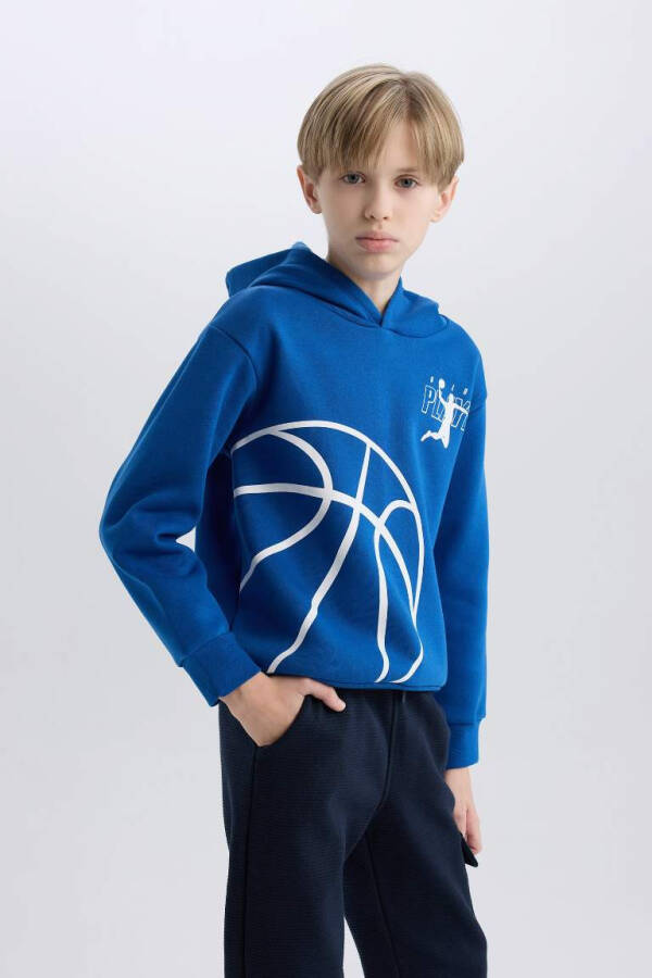 Boys' Hooded Sports Printed Thick Sweatshirt Dark Blue - 3