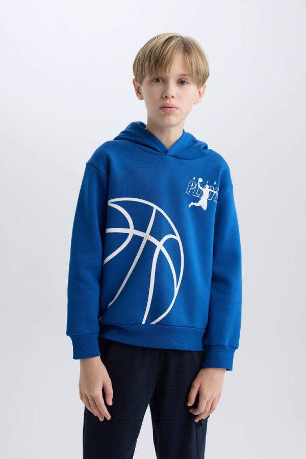 Boys' Hooded Sports Printed Thick Sweatshirt Dark Blue - 4