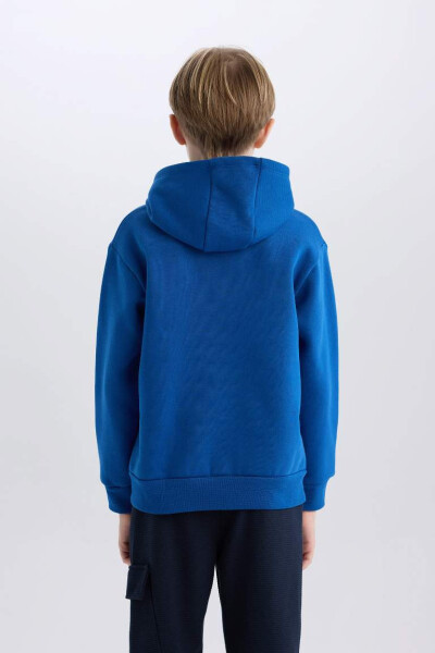 Boys' Hooded Sports Printed Thick Sweatshirt Dark Blue - 6