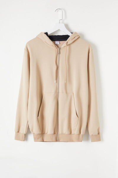 Boys' Hooded Zippered Beige School Jacket 16196 - 5