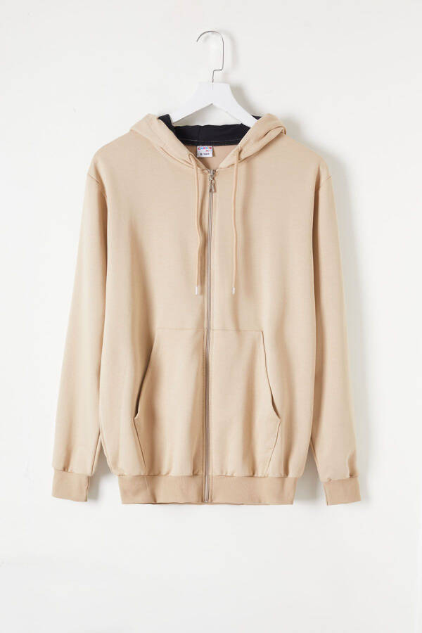 Boys' Hooded Zippered Beige School Jacket 16196 - 5