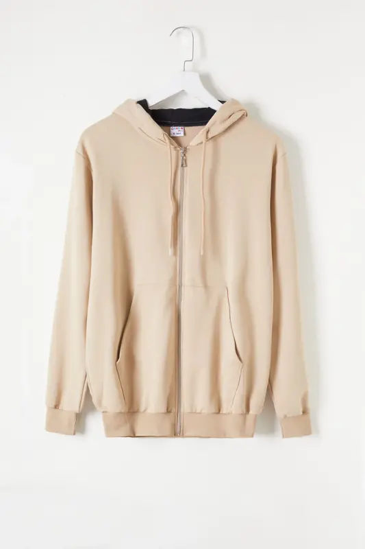 Boys' Hooded Zippered Beige School Jacket 16196 - CANSIN MINI