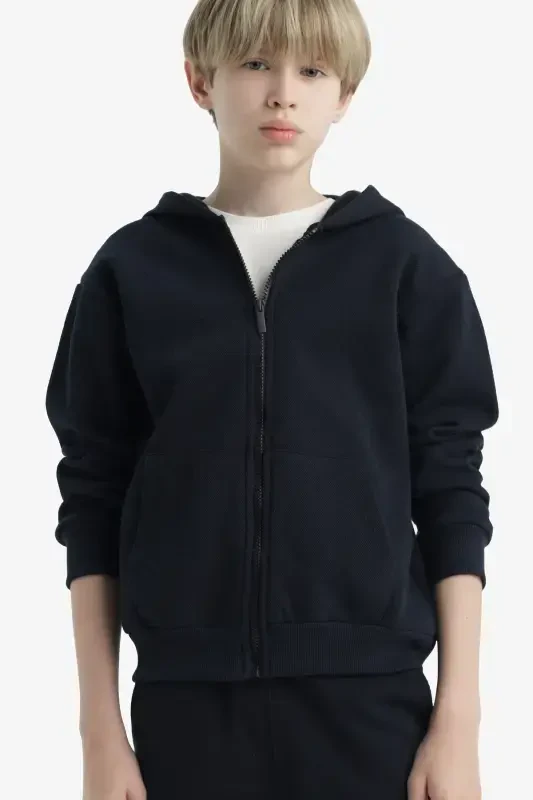 Boys' Hooded Zippered Navy School Jacket X5844A624AU - DEFACTO