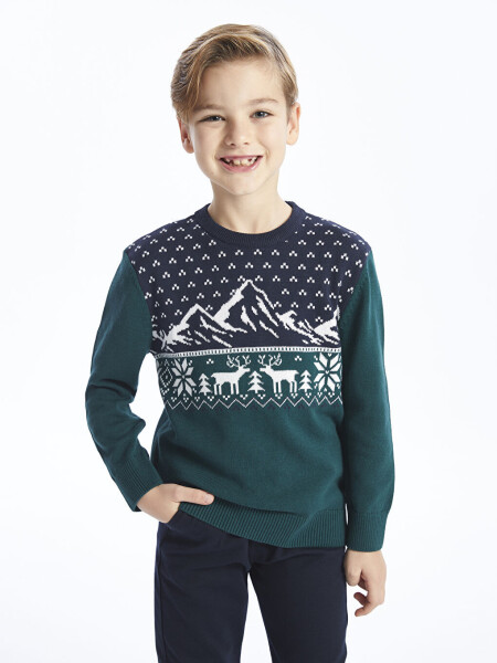 Boy's Knit Sweater with Bike Pattern, Comfortable Fit and Crew Neck - 15