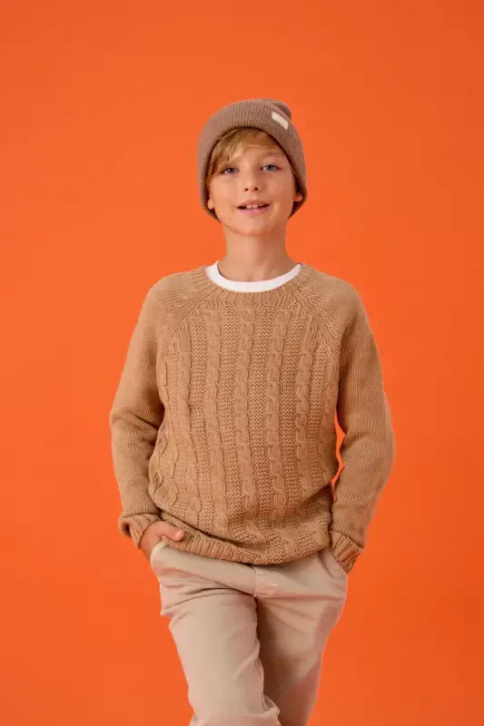 Boy's Knitted Sweater with Knit Pattern - CAMEL - 1
