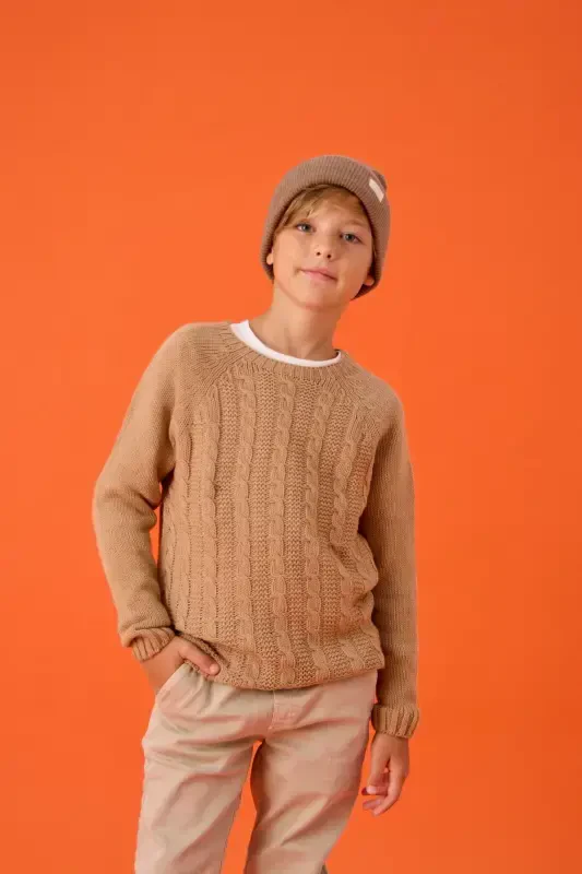 Boy's Knitted Sweater with Knit Pattern - CAMEL - 5