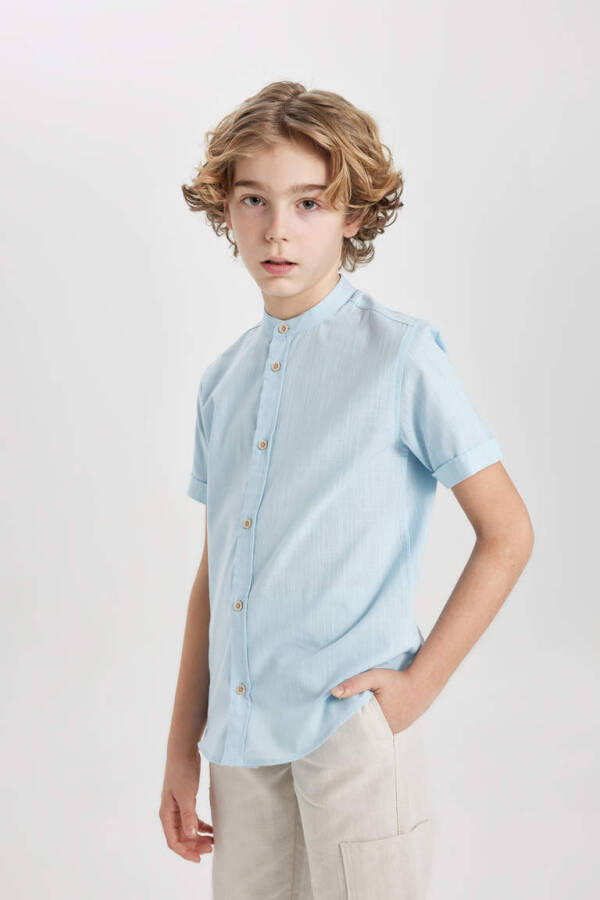 Boys' Linen Look Short Sleeve Shirt with Collar Light Blue - 1