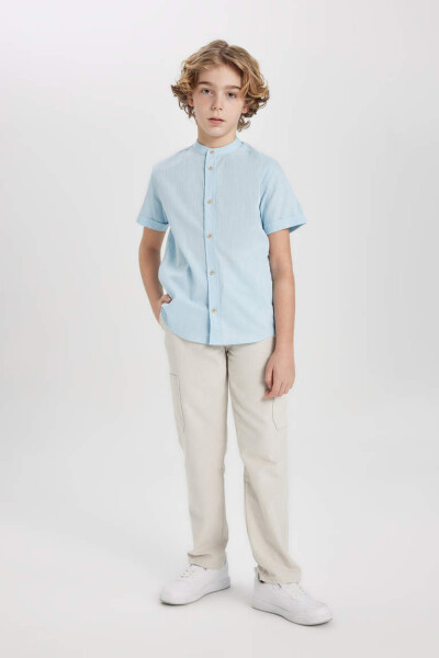 Boys' Linen Look Short Sleeve Shirt with Collar Light Blue - 2