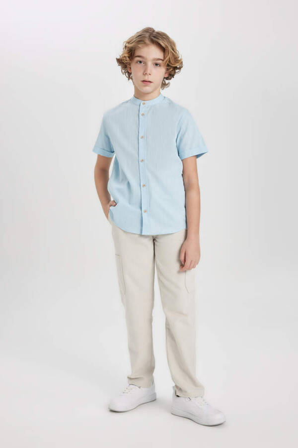 Boys' Linen Look Short Sleeve Shirt with Collar Light Blue - 2