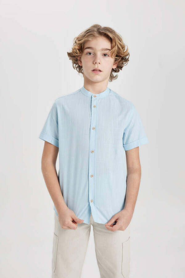 Boys' Linen Look Short Sleeve Shirt with Collar Light Blue - 3