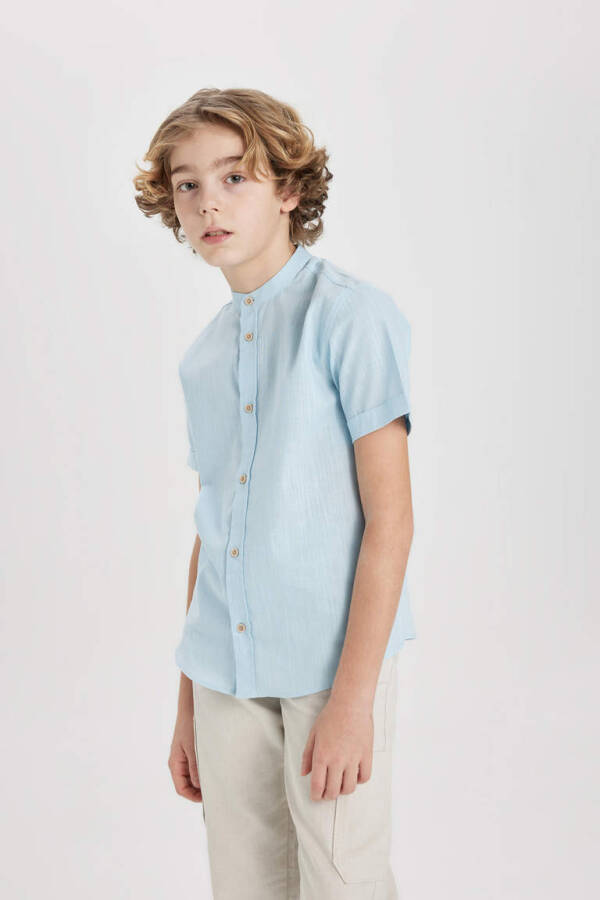 Boys' Linen Look Short Sleeve Shirt with Collar Light Blue - 4