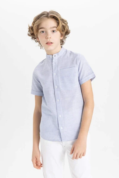 Boys' Linen Look Short Sleeve Shirt with Stand-up Collar Light Blue - Defacto