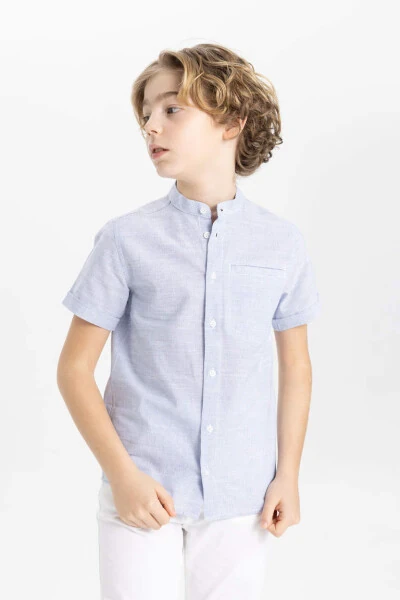 Boys' Linen Look Short Sleeve Shirt with Stand-up Collar Light Blue - 3
