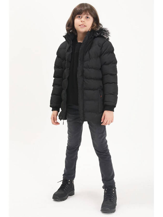 Boys' Logo Printed Black Puffer Jacket 15488 - 1