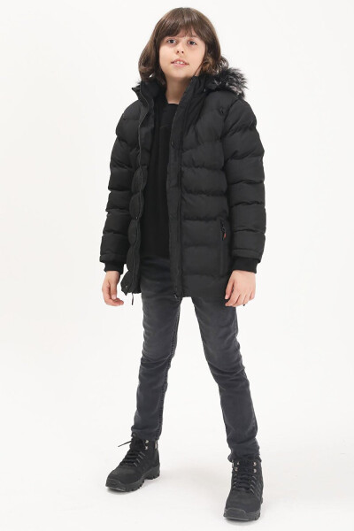 Boys' Logo Printed Black Puffer Jacket 15488 - 11