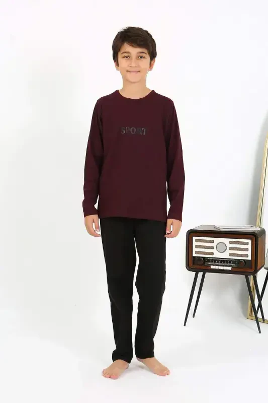 Boy's Long Sleeve Knitted Pajamas Set 20437 Burgundy - 1