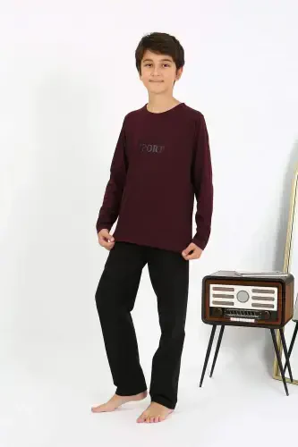 Boy's Long Sleeve Knitted Pajamas Set 20437 Burgundy - 3