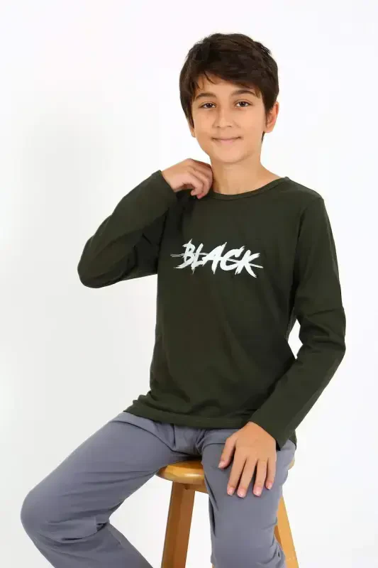 Boys Long Sleeve Knitted Pajamas Set 20437 Khaki - 6