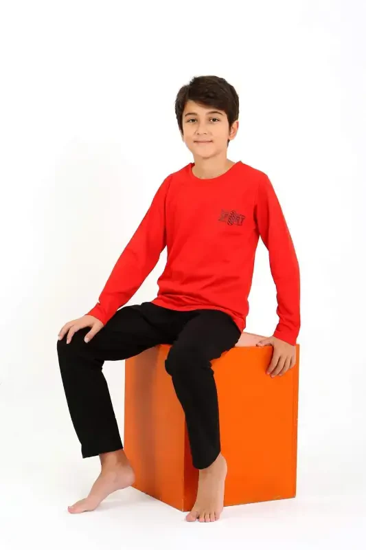 Boy's Long Sleeve Knitted Pajamas Set 20437 Red - BÜYÜKBEDENIZ
