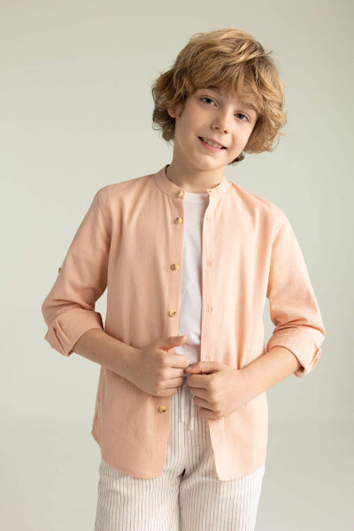 Boy's Long Sleeve Linen Look Dress Shirt with Collar, Salmon - 1