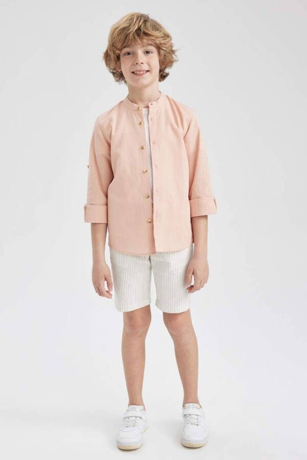 Boy's Long Sleeve Linen Look Dress Shirt with Collar, Salmon - 5