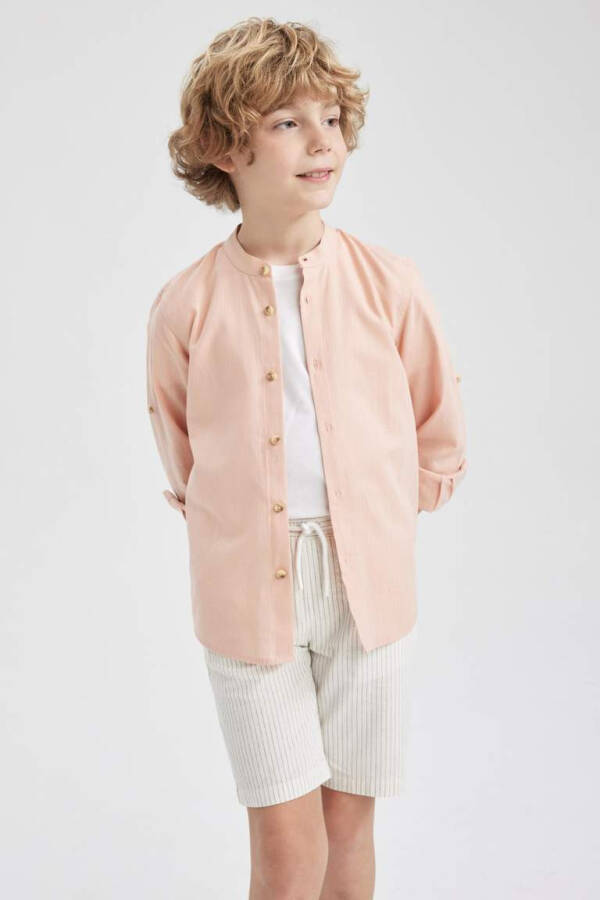 Boy's Long Sleeve Linen Look Dress Shirt with Collar, Salmon - 6