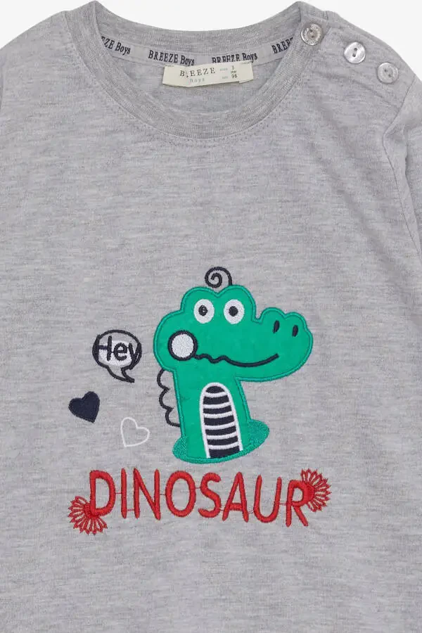 Boy's Long Sleeve T-Shirt Dinosaur Embroidered 9 Months-3 Years, Gray Melange - 3