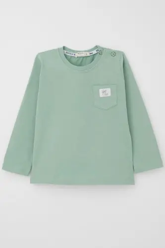 Boy's Long Sleeve T-Shirt Pocket Detail Cool Letter Patched 9 Months-3 Years, Teal 