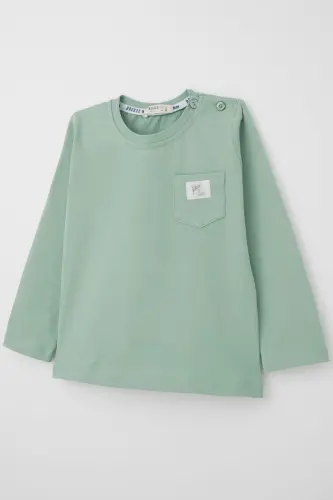 Boy's Long Sleeve T-Shirt Pocket Detail Cool Letter Patched 9 Months-3 Years, Teal - 3