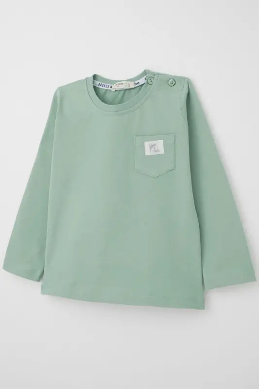 Boy's Long Sleeve T-Shirt Pocket Detail Cool Letter Patched 9 Months-3 Years, Teal - 3