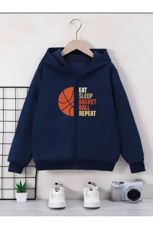 Boys Navy Blue Hooded Brushed Back Basketball Repeat Print Zippered Cardigan-NAVY BLUE - 1