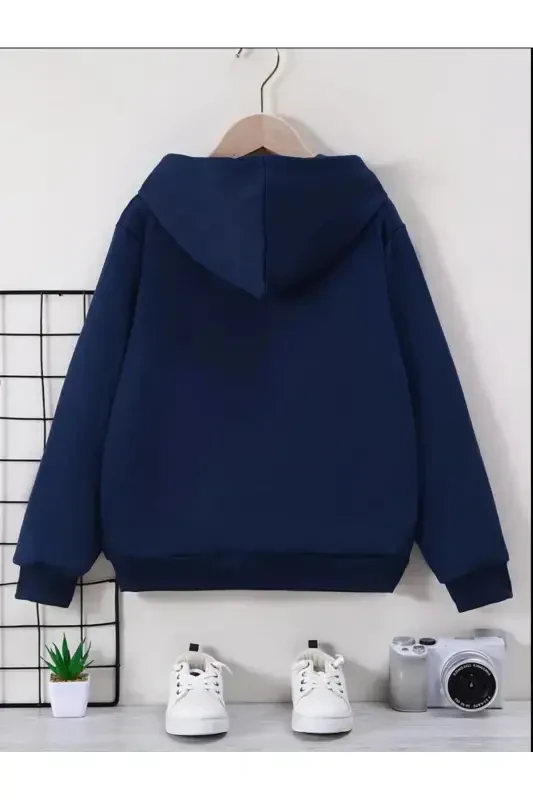 Boys Navy Blue Hooded Brushed Back Basketball Repeat Print Zippered Cardigan-NAVY BLUE - 2