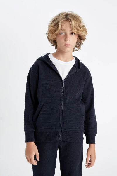 Boys' Navy Blue Hooded Zipper School Jacket T7468A624AU - DEFACTO