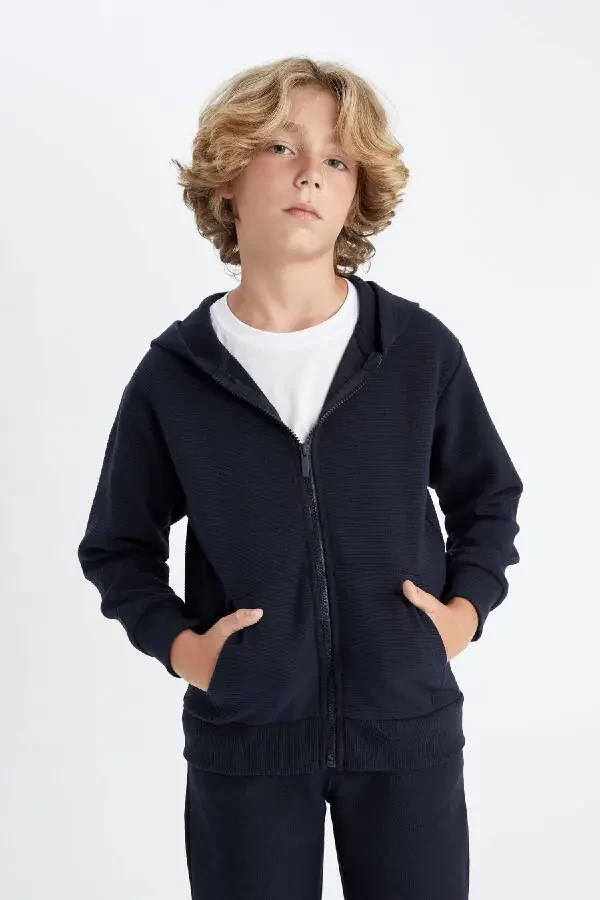 Boys' Navy Blue Hooded Zipper School Jacket T7468A624AU - 3