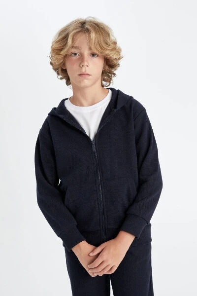 Boys' Navy Blue Hooded Zipper School Jacket T7468A624AU - 4