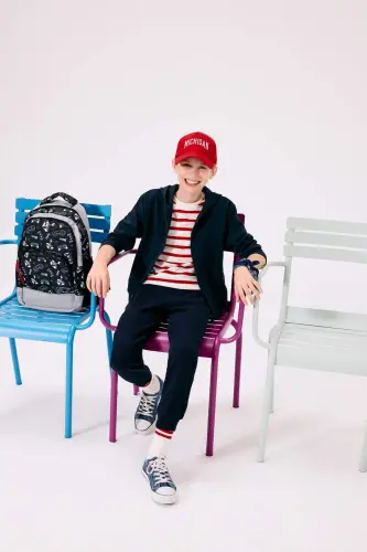 Boys' Navy Blue Hooded Zipper School Jacket T7468A624AU 