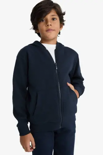 Boys' Navy Blue Hooded Zipper School Jacket T7468A624AU - 5