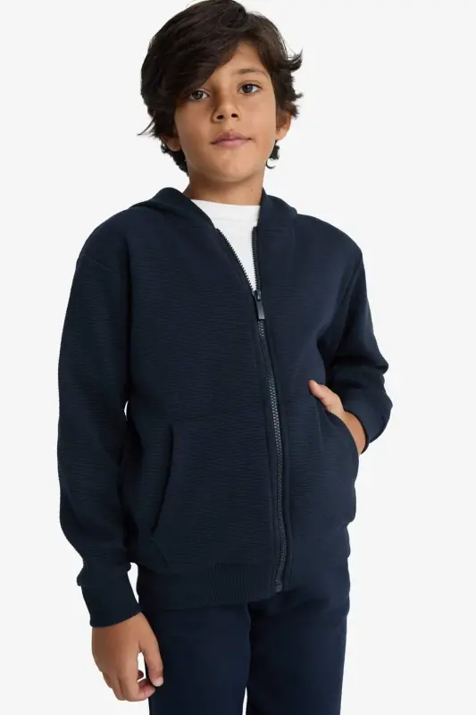 Boys' Navy Blue Hooded Zipper School Jacket T7468A624AU - 5