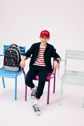 Boys' Navy Blue Hooded Zipper School Jacket T7468A624AU 